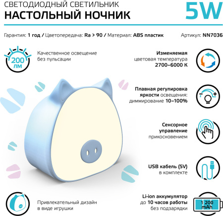Ночник Gauss NN7036 поросенок голубой