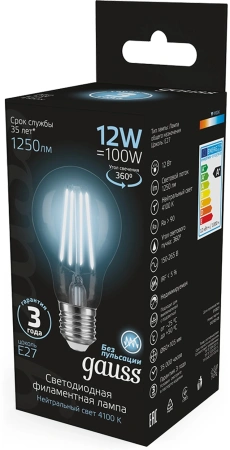 Лампа светодиодная Gauss Filament 102902212 12Вт цок.:E27 груша 185B св.свеч.бел.нейт. грушевидная (упак.:10шт)