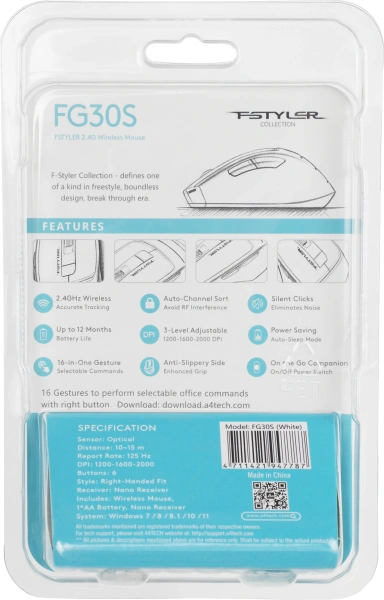 Мышь A4Tech Fstyler FG30S белый/серый оптическая (2000dpi) silent беспроводная USB (6but)