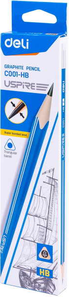 Карандаш ч/г Deli EC001-HB Uspire HB трехгран. тополь карт.кор. (12шт) ластик