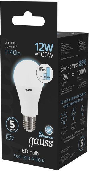 Лампа светодиодная Gauss 102502212-S 12Вт цок.:E27 груша 150B 4100K св.свеч.бел.нейт. грушевидная (упак.:1шт)