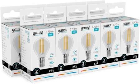 Лампа филам. Gauss Filament 10Вт цок.:E14 шар св.свеч.бел.нейт. (упак.:10шт) (52120)