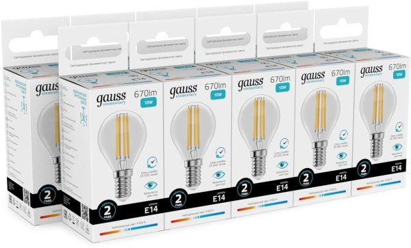 Лампа филам. Gauss Filament 10Вт цок.:E14 шар св.свеч.бел.нейт. (упак.:10шт) (52120)