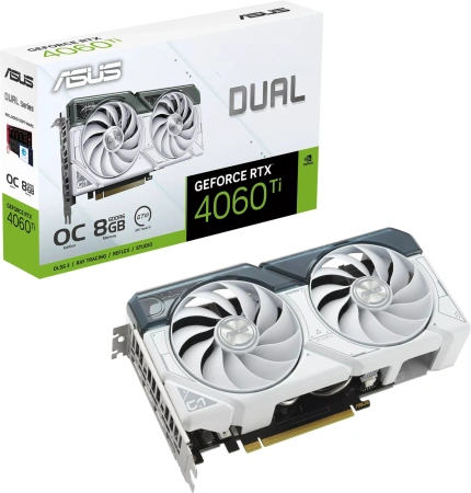 Видеокарта Asus PCI-E 4.0 DUAL-RTX4060TI-O8G-WHITE NV RTX4060TI 8Gb 128bit GDDR6 2565/18000/HDMIx1/D