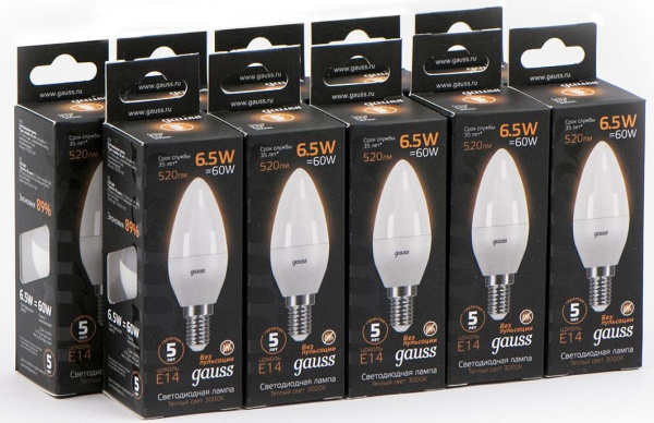 Лампа светодиодная Gauss Black 6.5Вт цок.:E14 свеча 220B 3000K св.свеч.бел.теп. C37 (упак.:10шт) (103101107)