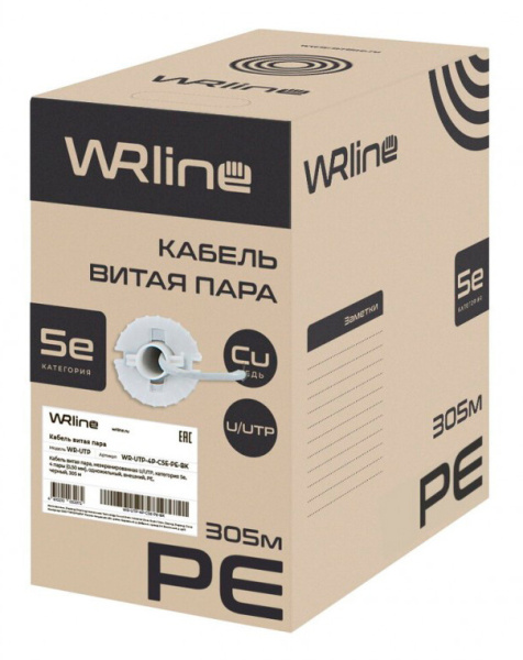 Кабель информационный WRline WR-UTP-4P-C5E-PE-BK кат.5E UTP 4 пары 24AWG PE внешний 305м черный