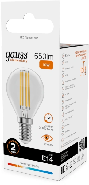 Лампа филам. Gauss Filament 10Вт цок.:E14 шар 220B св.свеч.бел.теп. (упак.:10шт) (52110)