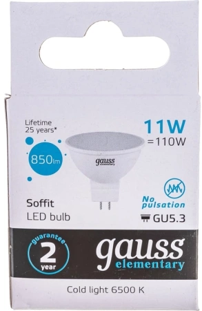 Лампа светодиодная Gauss Elementary 13531 11Вт цок.:GU5.3 софит 180B св.свеч.бел.хол. MR16 (упак.:10шт)