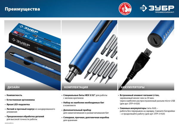 Отвертка аккум. Зубр ОТР-4 Н20 аккум. патрон:держатель бит