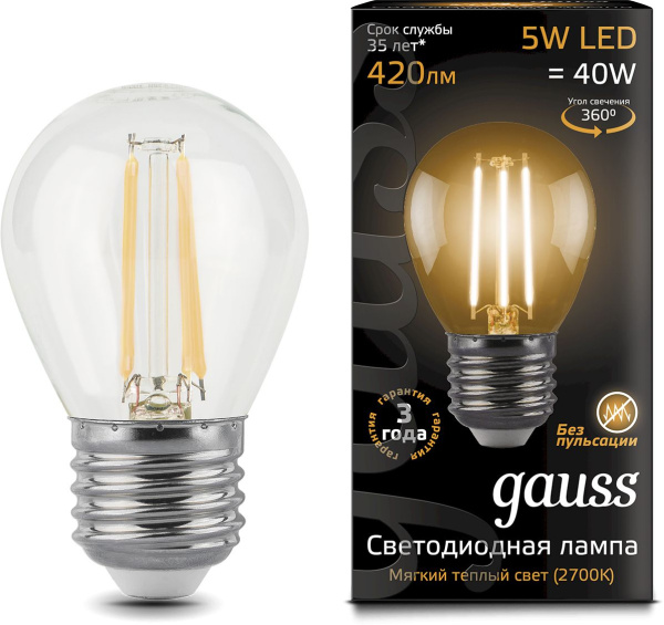 Лампа филам. Gauss 5Вт цок.:E27 шар 220B 2700K св.свеч.бел.теп. G45 (упак.:10шт) (105802105)