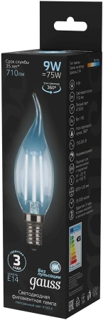 Лампа светодиодная Gauss Filament 9Вт цок.:E14 (упак.:10шт) свеча 220B св.свеч.бел.нейт. CF35 (10480