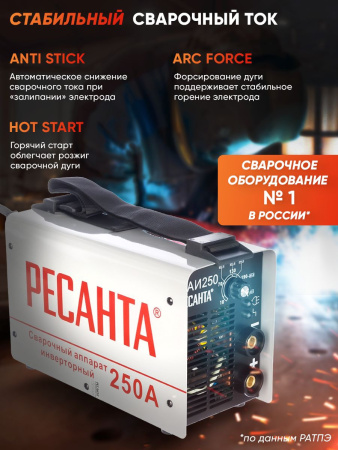 Сварочный аппарат Ресанта САИ-250 инвертор ММА DC (кейс в комплекте)