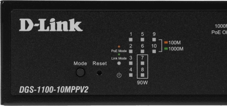 Коммутатор D-Link DGS-1100-10MPPV2/A (L2) 8x1Гбит/с 2SFP 8PoE+ 242W настраиваемый