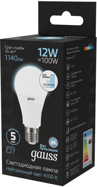 Лампа светодиодная Gauss 102502212-S 12Вт цок.:E27 груша 150B 4100K св.свеч.бел.нейт. грушевидная (упак.:1шт)