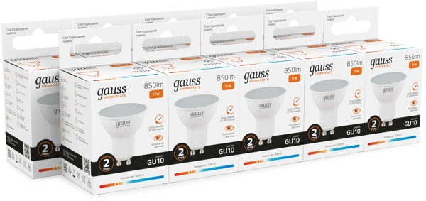Лампа светодиодная Gauss Elementary 13611 11Вт цок.:GU10 софит 220B св.свеч.бел.теп. (упак.:10шт)