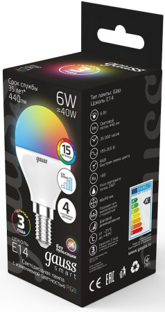 Лампа светодиодная Gauss 105101406 6Вт цок.:E14 шар 220B св.свеч.RGB (упак.:1шт)