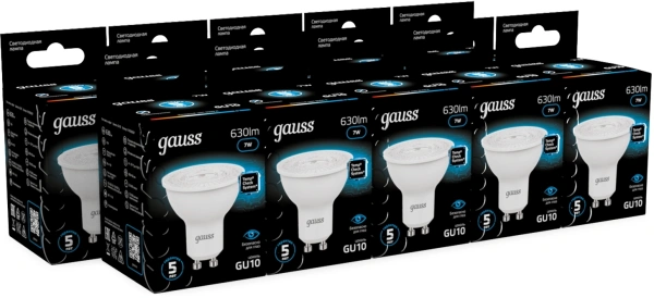 Лампа светодиодная Gauss 101506307 7Вт цок.:GU10 рефлек. 150B св.свеч.бел.хол. MR16 (упак.:10шт)