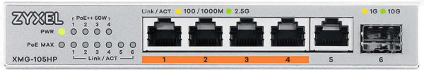 Коммутатор Zyxel XMG-105HP-EU0101F (L2) 5x2.5Гбит/с 1SFP+ 4PoE++ 70W неуправляемый