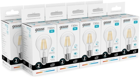 Лампа филам. Gauss Filament 9Вт цок.:E27 груша 220B св.свеч.бел.нейт. (упак.:10шт) (22229)