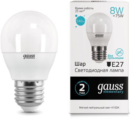Лампа светодиодная Gauss Elementary 8Вт цок.:E27 шар 220B 4100K св.свеч.бел.нейт. (упак.:10шт) (53228)