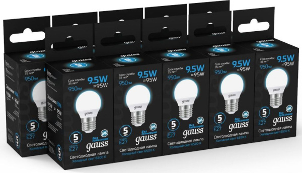 Лампа светодиодная Gauss 105102310 9.5Вт цок.:E27 шар 220B 6500K св.свеч.бел.хол. (упак.:10шт)