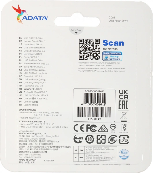 Флеш Диск A-Data 16Gb Classic C008 AC008-16G-RWE USB2.0 белый/синий