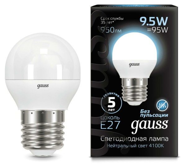 Лампа светодиодная Gauss 9.5Вт цок.:E27 шар 220B 4100K св.свеч.бел.нейт. P45 (упак.:10шт) (105102210)