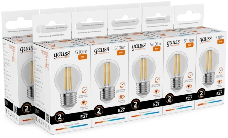 Лампа филам. Gauss Filament 8Вт цок.:E27 шар 220B св.свеч.бел.теп. (упак.:10шт) (52218)