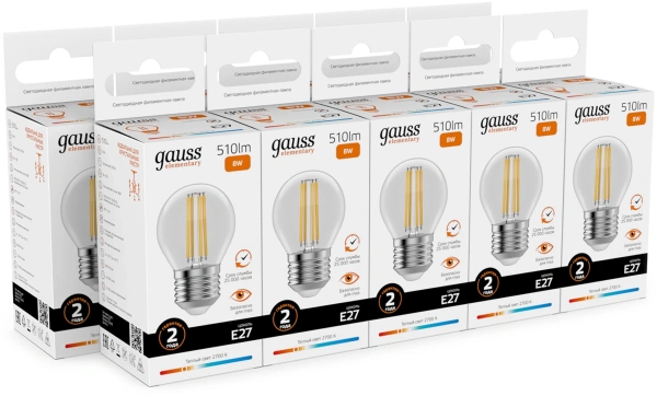 Лампа филам. Gauss Filament 8Вт цок.:E27 шар 220B св.свеч.бел.теп. (упак.:10шт) (52218)