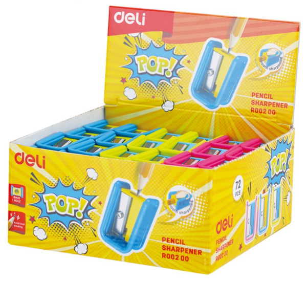 Точилка для карандашей ручная Deli ER00200 PoP 1 отверстие пластик ассорти дисплей