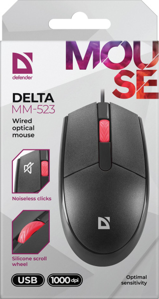 Мышь Defender Delta MM-523 черный оптическая 1000dpi USB для ноутбука 2but (52523)
