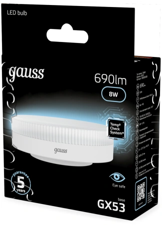 Лампа светодиодная Gauss 8Вт цок.:GX53 (упак.:10шт) таблетка 220B св.свеч.бел.нейт. Tablet (10800820