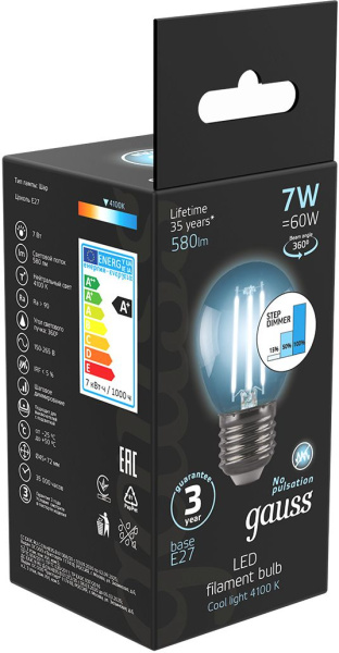 Лампа светодиодная Gauss Filament 7Вт цок.:E27 шар 220B 4100K св.свеч.бел.нейт. (упак.:1шт) (105802207-S)