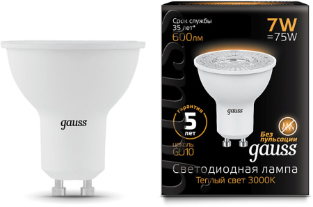 Лампа светодиодная Gauss Black 7Вт цок.:GU10 рефлек. 220B 3000K св.свеч.бел.теп. MR16 (упак.:10шт) (101506107)