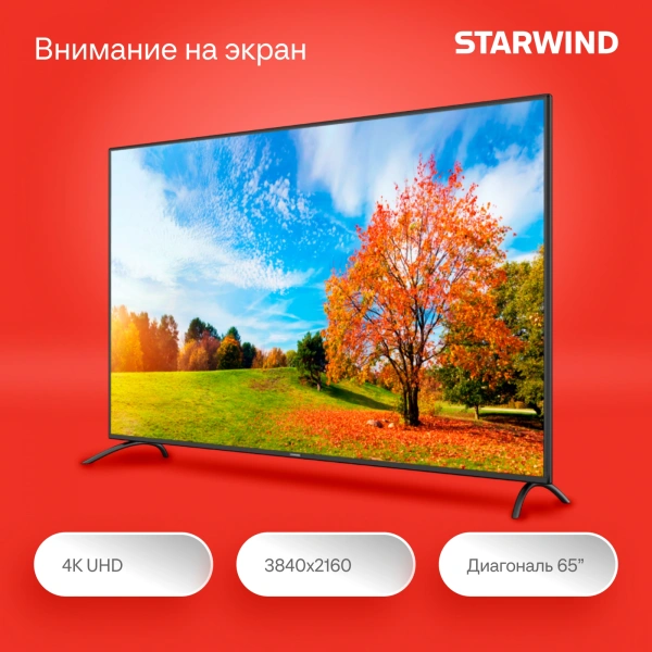 Телевизор LED Starwind 65" SW-LED65UG402 Яндекс.ТВ Frameless черный 4K Ultra HD 60Hz DVB-T DVB-T2 DVB-C DVB-S DVB-S2 USB WiFi Smart TV