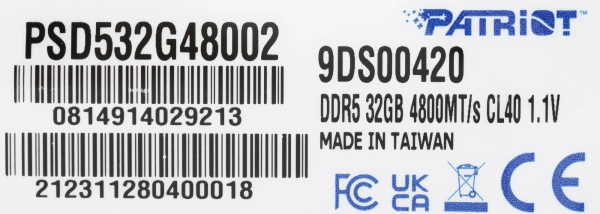 Память DDR5 32Gb 4800MHz Patriot PSD532G48002 Signature RTL PC5-38400 CL40 DIMM ECC 288-pin 1.1В dual rank Ret