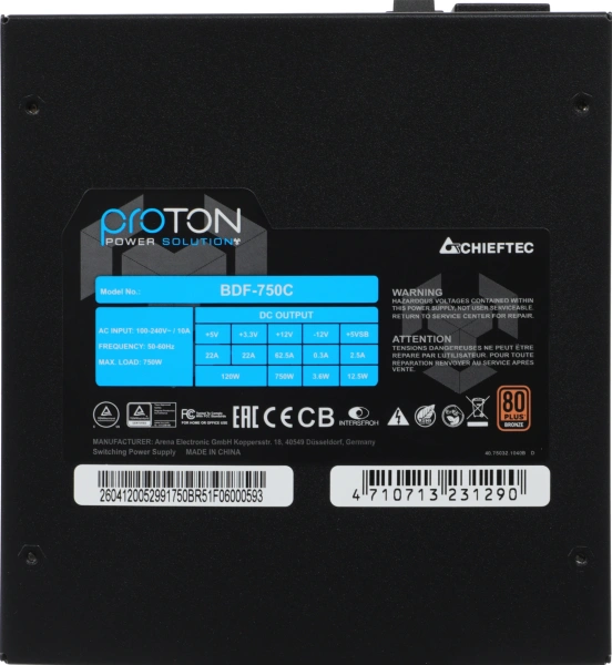 Блок питания Chieftec ATX 750W Proton BDF-750C 80+ bronze (24+4+4pin) APFC 140mm fan 6xSATA Cab Manag RTL