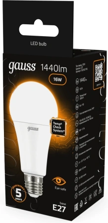 Лампа светодиодная Gauss A60 16Вт цок.:E27 груша 220B 3000K св.свеч.бел.теп. (упак.:1шт) (102502116)