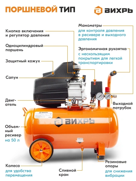 Компрессор поршневой Вихрь КМП-50/300АМ масляный 300л/мин 50л 2000Вт оранжевый