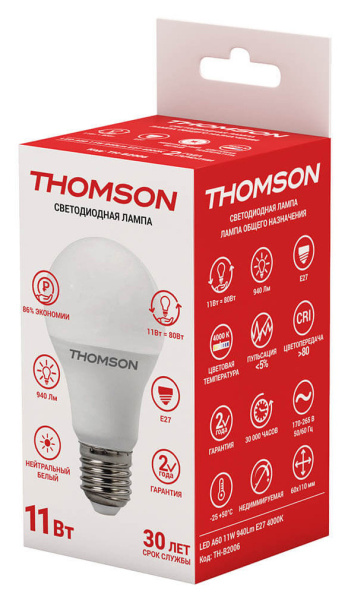 Лампа светодиодная Thomson TH-B2006 11Вт цок.:E27 груша 220B 4000K св.свеч.бел.нейт. A (упак.:1шт)