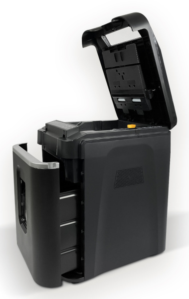 Шредер Heleos АП37-4 черный/серебристый с автоподачей (секр.P-4) фрагменты 220лист. 37лтр. скрепки скобы пл.карты