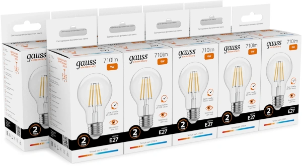 Лампа филам. Gauss Filament 9Вт цок.:E27 груша 220B св.свеч.бел.теп. (упак.:10шт) (22219)