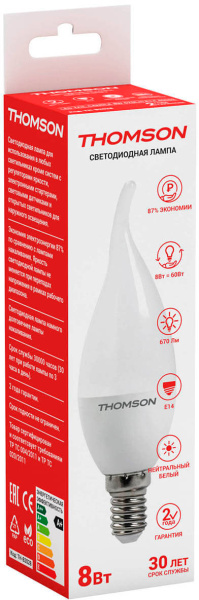 Лампа светодиодная Thomson TH-B2028 8Вт цок.:E14 свеча 220B 4000K св.свеч.бел.нейт. Tail Candle