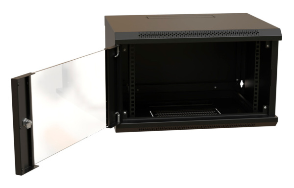 Шкаф коммутационный WRline (WR-TW-0966-GP-RAL9004) настенный 9U 600x600мм пер.дв.стекл 2 бок.пан. направл.под винты 60кг черный 500мм 500мм IP20 сталь