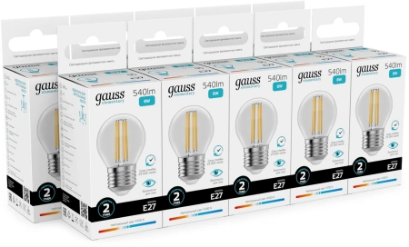 Лампа филам. Gauss Filament 8Вт цок.:E27 шар 220B св.свеч.бел.нейт. (упак.:10шт) (52228)