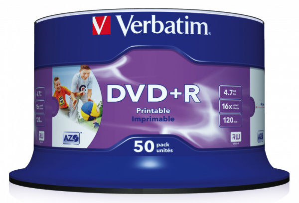 Диск DVD+R Verbatim 4.7Gb 16x Cake Box (50шт) Printable (43512)