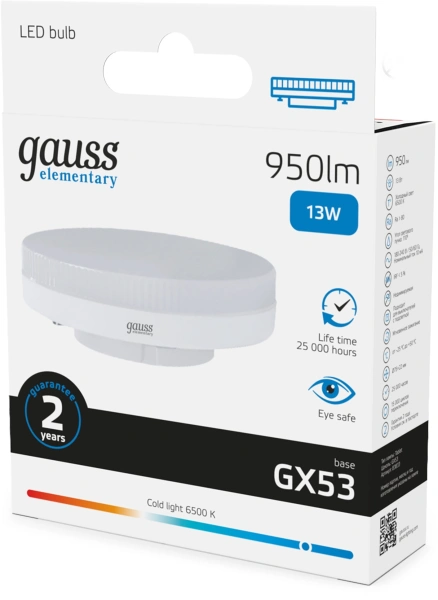 Лампа светодиодная Gauss Elementary 83833 13Вт цок.:GX53 таблетка 180B св.свеч.бел.хол. GX53 (упак.:10шт)