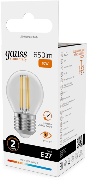Лампа филам. Gauss Filament 10Вт цок.:E27 шар 220B св.свеч.бел.теп. (упак.:10шт) (52210)