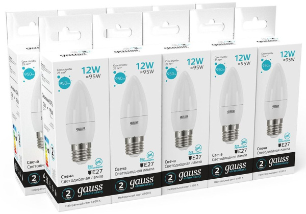 Лампа светодиодная Gauss Elementary 30222 12Вт цок.:E27 свеча 220B 4100K св.свеч.бел.нейт. (упак.:10шт)