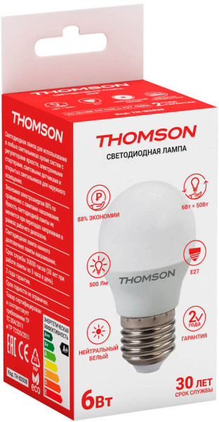 Лампа светодиодная Thomson TH-B2038 6Вт цок.:E27 шар 220B 4000K св.свеч.бел.нейт. Globe